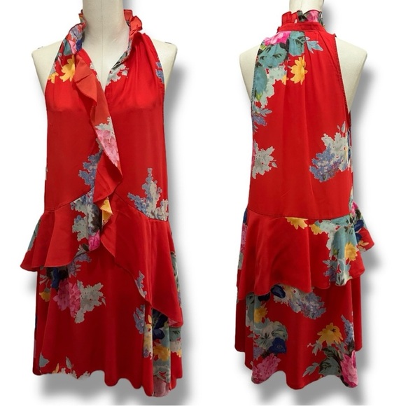 128 H&M | EUC Red Floral Ruffle Halter Dress (size 6) - Picture 1 of 11